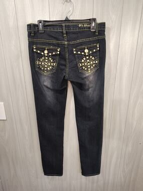 Women's Juniors Old Skool Embellished Embroidered Straight Leg Jeans Size 9 Dark